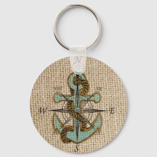 Llavero brújula náutica de boho moda burlap Anuncio azul (Anverso)