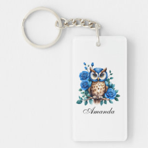 Llavero Búho azul de color de agua y Rosas de diseño