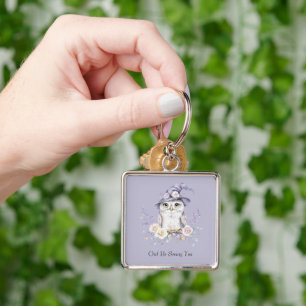 Llavero Búho Blanco Sombrero Morado Flores Bonitas