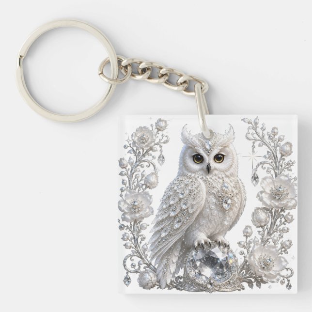 Llavero Búho de Perla de Cristal Blanco (Frente)