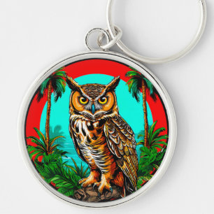 Llavero 🦉 Búho Posado En Roca Escena Tropical🦉
