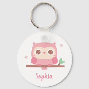 Llavero Búho Rosa Lindo En Rama, Personalizado Para Niñas