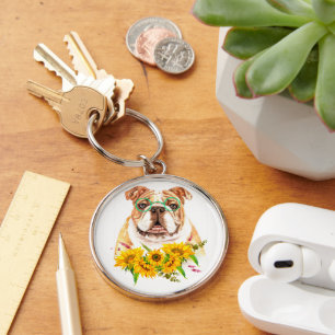 Llavero Bulldog de Acuarela y Girasoles