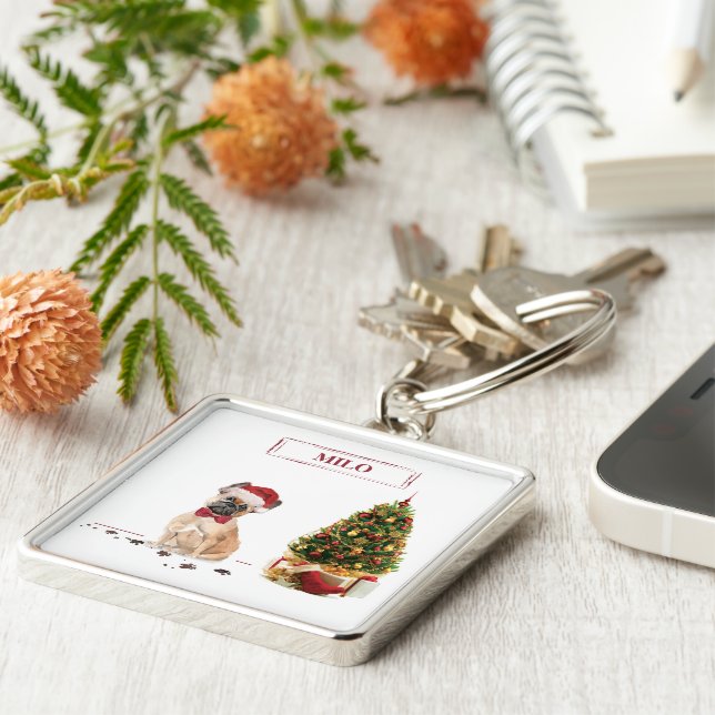 Llavero Bulldog francés curioso Navidad perro con árbol (Lado)