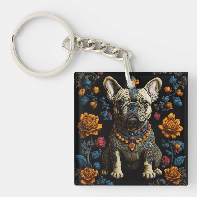 Llavero Bulldog francés de arte folclórico de México (Frente)