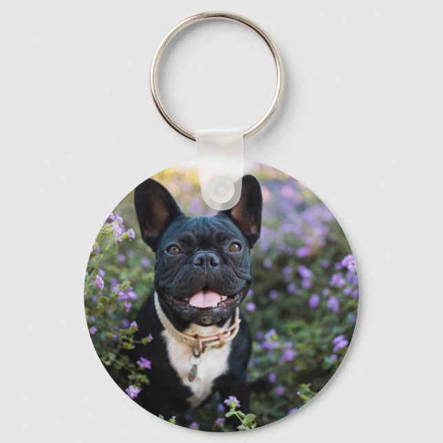 Llavero Bulldog francés en flores (Anverso)