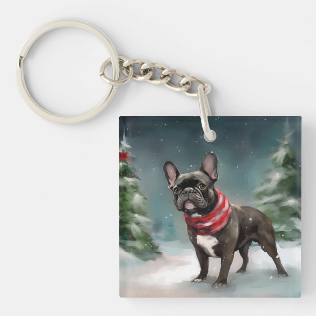 Llavero Bulldog francés en Navidades de nieve (Frente)