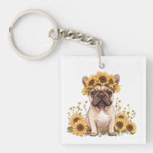 Llavero Bulldog francés rodeado de girasoles