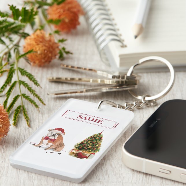 Llavero Bulldog inglés Navidades graciosos perro con árbol (Frente Derecha)