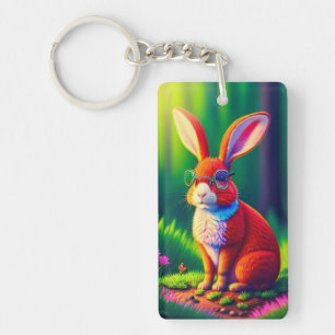 Llavero Bunny rojo sentado en la hierba