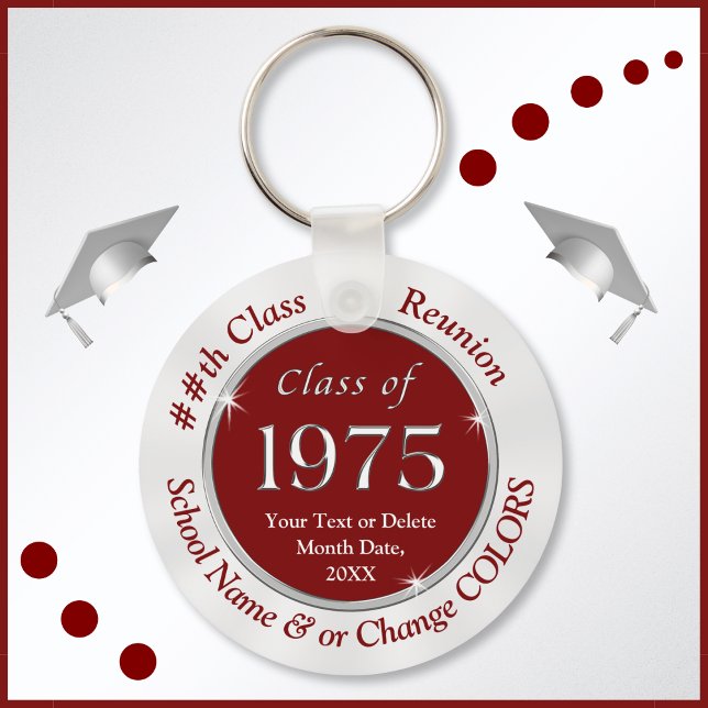 Llavero Burgundy y Clase Blanca de Regalos de 1975, cadena (Burgundy, White and Silver, Class of 1975 Reunion, party favors. Class of 75 souvenirs. Class of 75.)