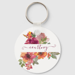 Llavero Burgundy y naranja floral acuarela personalizado