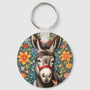 Llavero Burro Adorable Sobre Fondo Floral Colorido