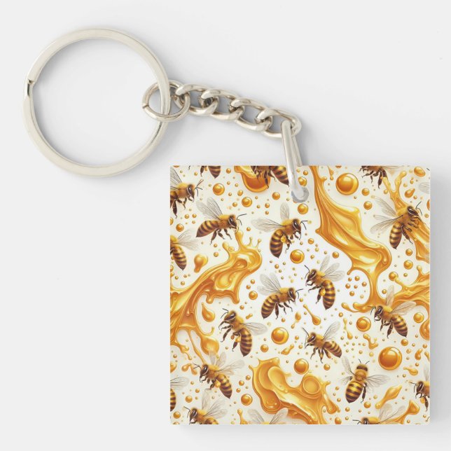 Llavero Buzz & Drip – Seamless 8K Honey Bee Pattern with G (Frente)