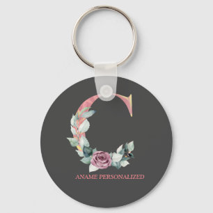Llavero C Monograma floral Letras de nombre Agate rosa Key