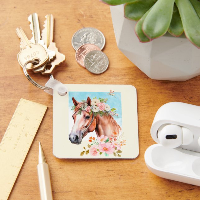Llavero Caballo acuarela y flores (Escritorio )