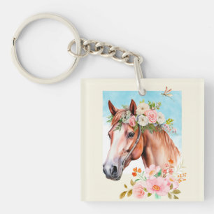 Llavero Caballo acuarela y flores acrílicas