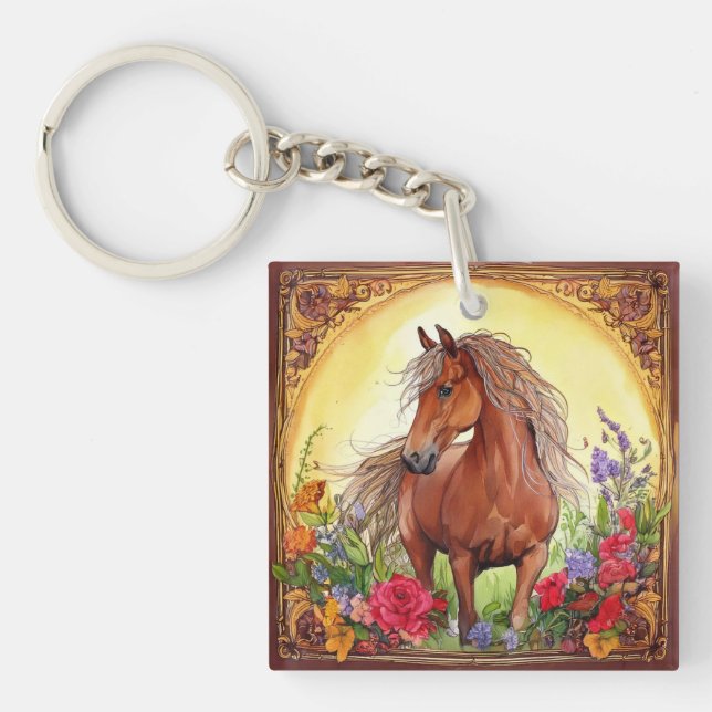 Llavero Caballo acuarela y flores silvestres (Frente)