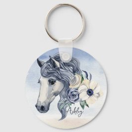 Llavero Caballo azul gris con flores nombre personalizado