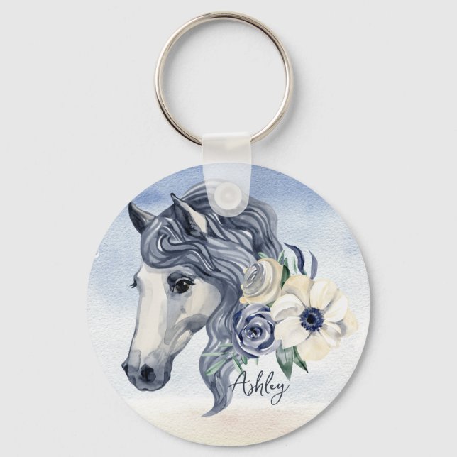 Llavero Caballo azul gris con flores nombre personalizado (Anverso)