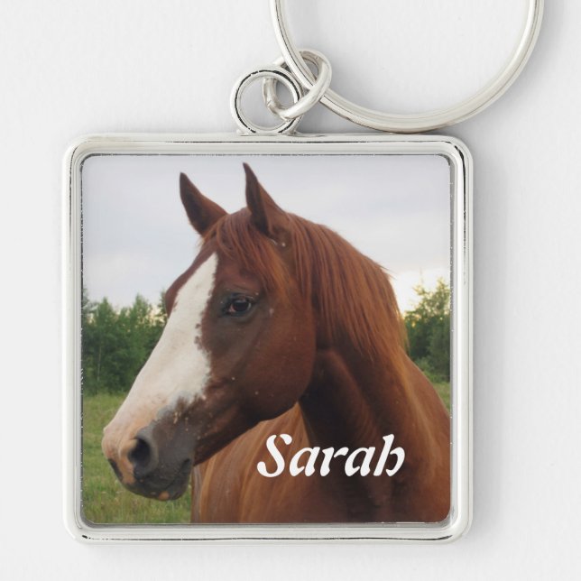Llavero Caballo de castaño con cadena de claves personaliz (Frente)