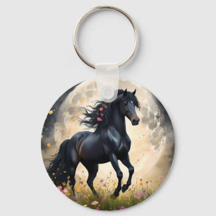 Llavero Caballo De Fantasía Negra Frente A La Luna,