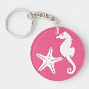 Llavero Caballo de mar y pez estrella - Rosa de coral y bl