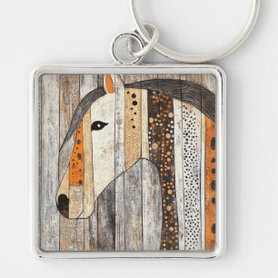 Llavero Caballo geométrico boho de grano de madera rústico