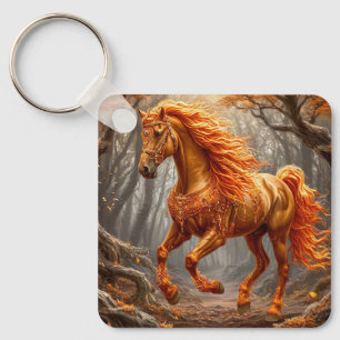 Llavero Caballo Naranja Majestuoso en Bosque de Otoño
