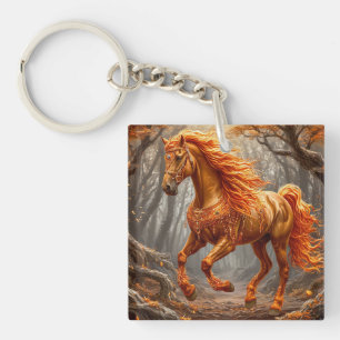 Llavero Caballo Naranja Majestuoso en Bosque de Otoño