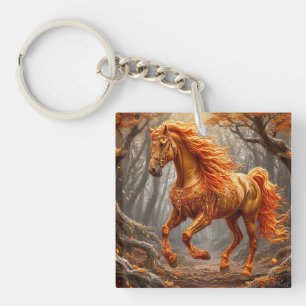 Llavero Caballo Naranja Majestuoso en Bosque de Otoño