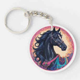 Llavero Caballo Negro Elegante con Fondo Vibrante