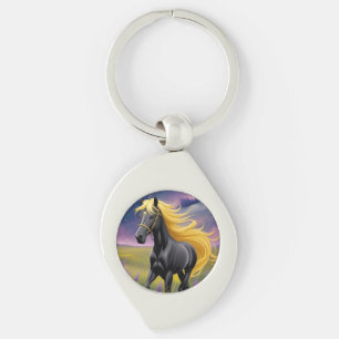 Llavero Caballo negro majestuoso con melena dorada fluida