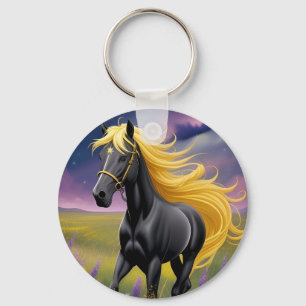 Llavero Caballo negro majestuoso con melena dorada fluida