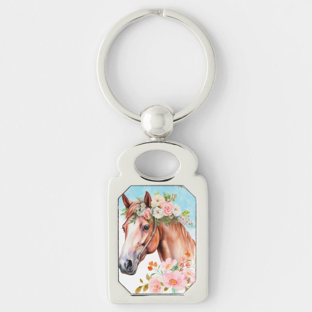 Llavero Caballo y flores de acuarela (Anverso)