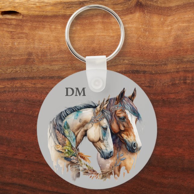 Llavero Caballos de pluma tribal Boho (Anverso)