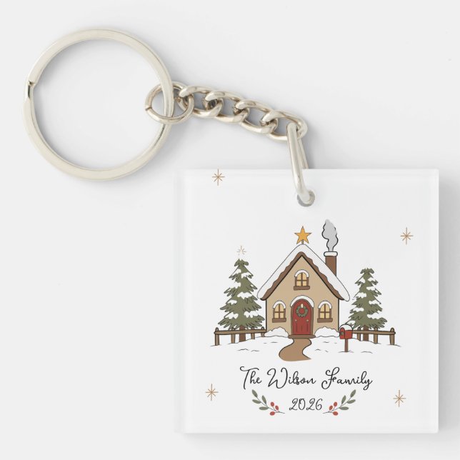 Llavero Cabaña de Navidad Acogedora Personalizada (Frente)