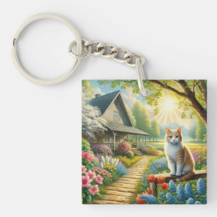 Llavero Cabaña de primavera/jardín y gato