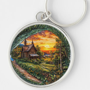 Llavero Cabaña Rústica Rodeada de Naturaleza al Atardecer