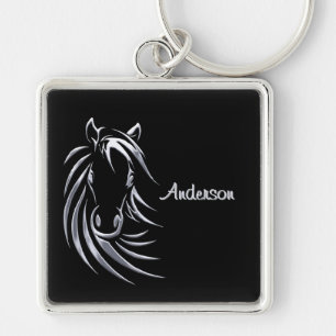 Llavero Cabeza de caballo plateado con guión negro persona