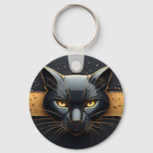 Llavero Cabeza de Gato Negro con Diseño de Goteo de Oro 🐈
