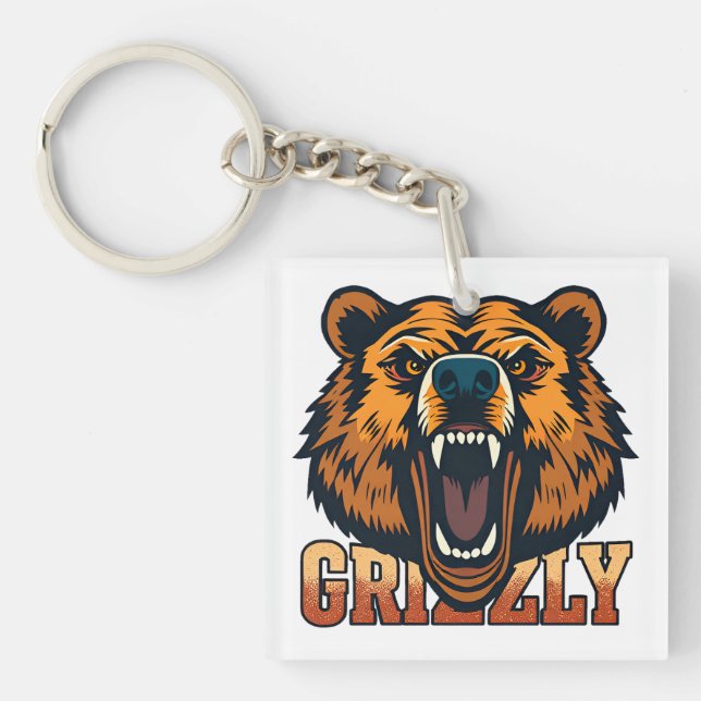 Llavero Cabeza de oso grizzly enfatizando el poder (Frente)