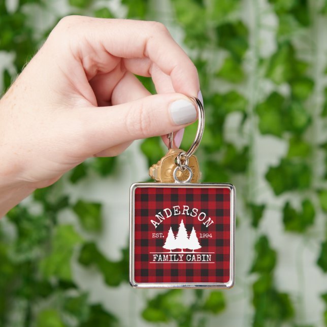 Llavero Cabina Red Buffalo Plaid Family Name Square (Mano)