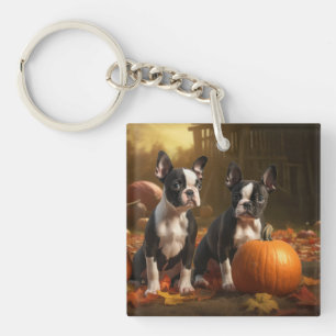 Llavero Cachorro Boston Terrier Otoño Delicia Calabaza