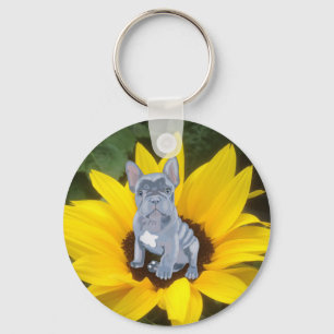 Llavero Cachorro de Bulldog francés y girasol
