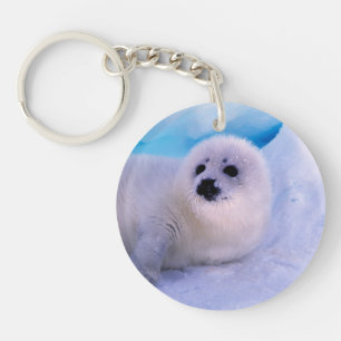Llavero Cachorro de foca arpía cubierto de copos de nieve