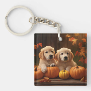 Llavero Cachorro de Golden Retriever Otoño Delicia Calabaz