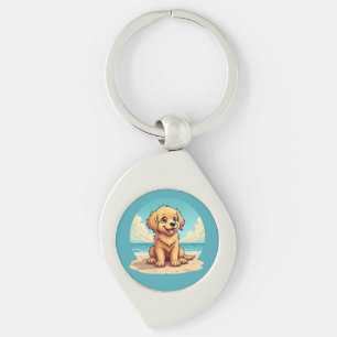 Llavero Cachorro Dorado Adorable en una Escena de Playa So