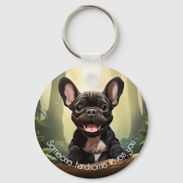 Llavero 😍Cachorro francés dulce en un bosque (Anverso)