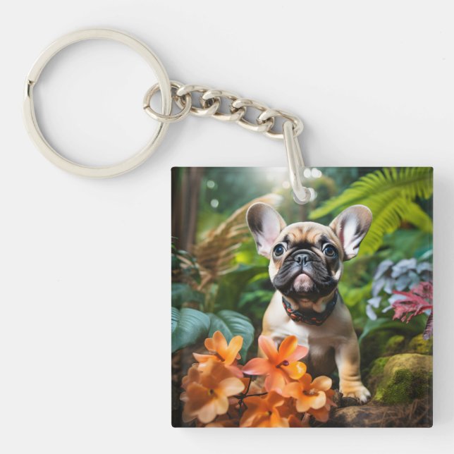 Llavero 😍Cachorro francés dulce en una selva (Frente)